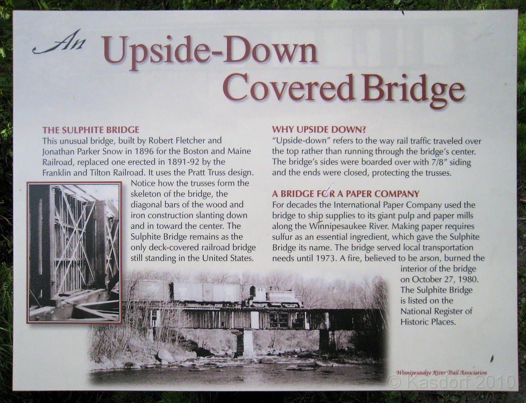 Tilton NH Rail Trail 2010 0136.jpg - Winnipesaukee River Trail, Franklin New HampshireTrestle View ParkInterested in taking a walk or bike ride on a scenic historic trail close to the downtowns of the twin rivers area, yet with the feel of wilderness. A 3 mile trail parallels the Winnipesauke river and passes the historic Sulphite upside down covered bridge believed to be the only one in the country and listed on the national register of historic places. You will also view mill ruins and remaining portions of dams that tell the history of the 5 mills that operated on this river in the mid 19th century.